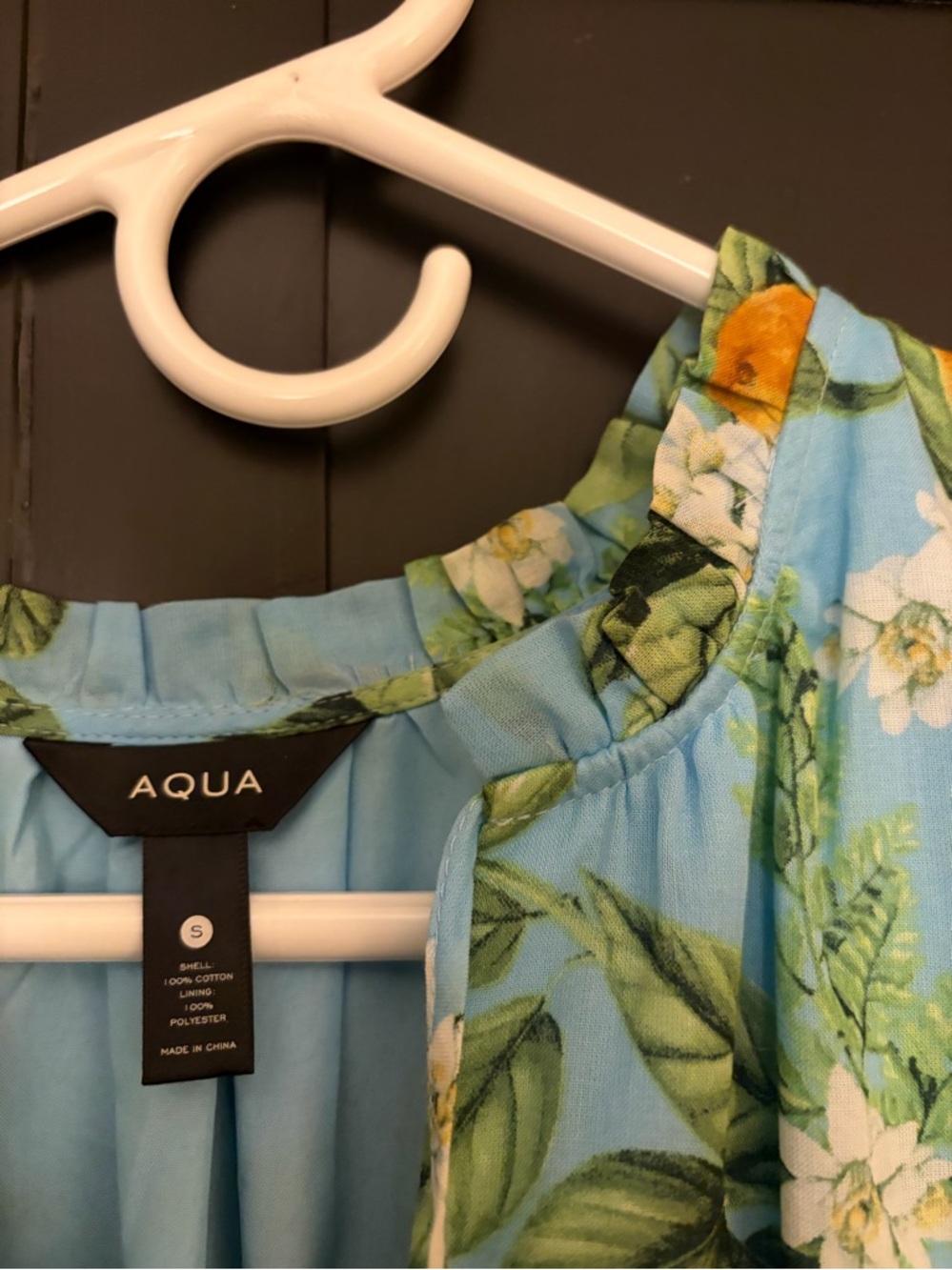 AQUA Floral Blue Ruffle Neck Dress
